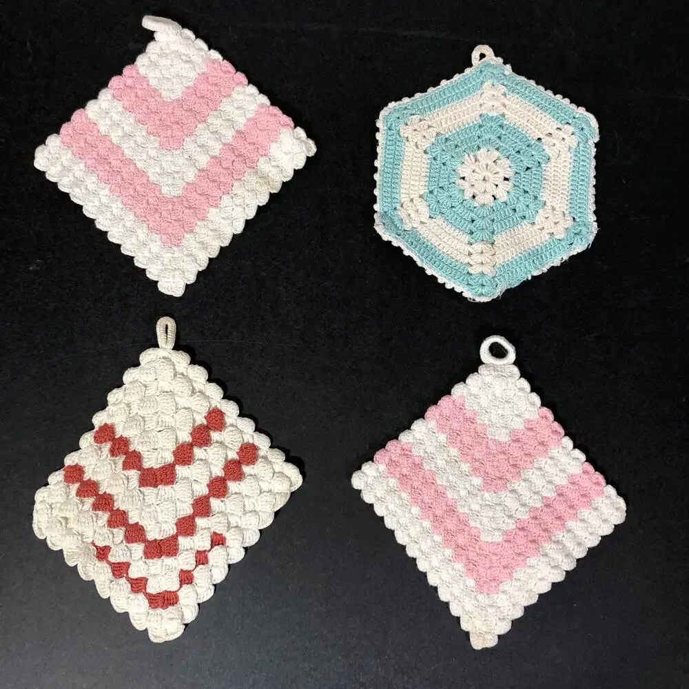Vintage Potholders, Crocheted Pink, Aqua Blue, Red and White, Set of Four Retro